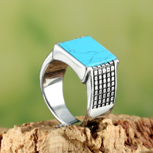 戒指男款潮男现货复古个性不锈钢方形蓝松石宝石首饰可代发