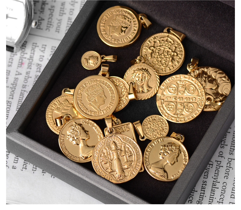 Polished Finish 1 Piece 304 Stainless Steel PVD Coated Real Gold Plated Human Coin Polished Pendant DIY Jewelry Accessories