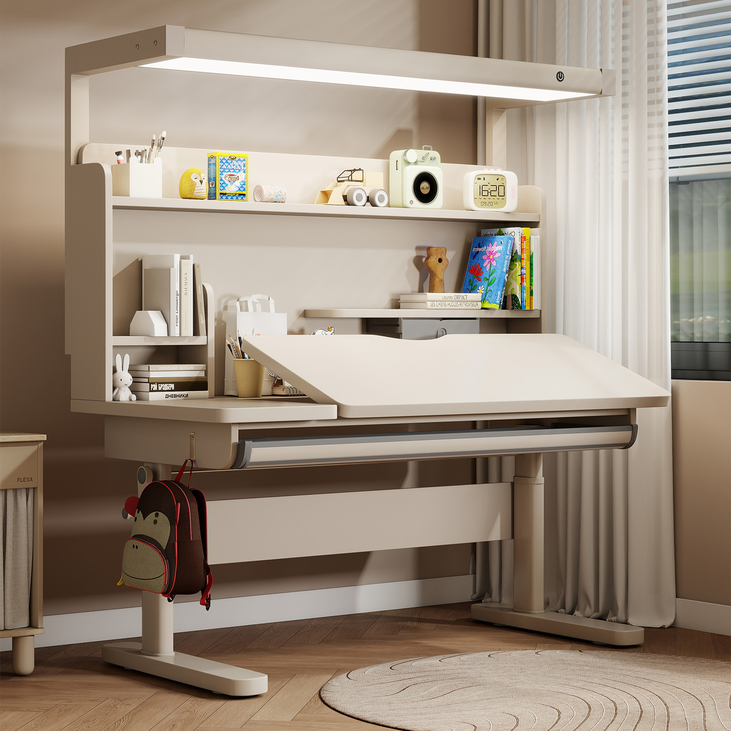 Children's Study Table, Primary School Student Desk, Adjustable Height, Hand-Cranked Solid Wood Desk, Student Lift-Back Writing Desk, Computer Desk