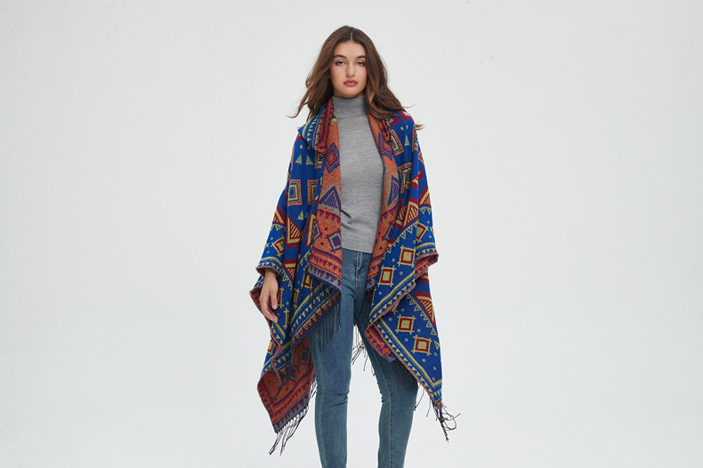 Unisex Hooded cape Winter travel jacquard fringed shawl for women_viptrois.com
