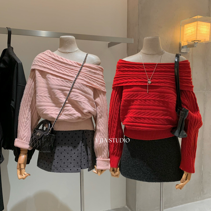 Clearance Sale, No Returns or Exchanges, Autumn and Winter Korean Style Festive Atmosphere Elegant Off-Shoulder One-Shoulder Twist Pattern Warm Sweater for Women 1552