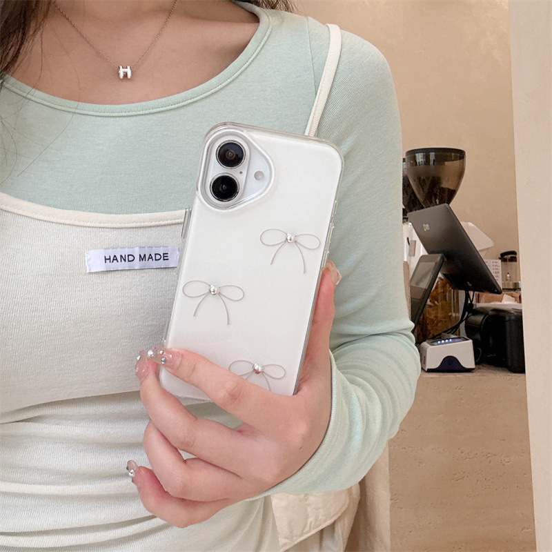 Viento suave ins lazo de cuentas plateadas para iphone15ProMax funda para teléfono móvil Apple 16P simple 13 femenino 14