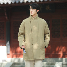 2025秋冬新款中国风男装中长款棉衣立领大码棉麻保暖外套复古棉服