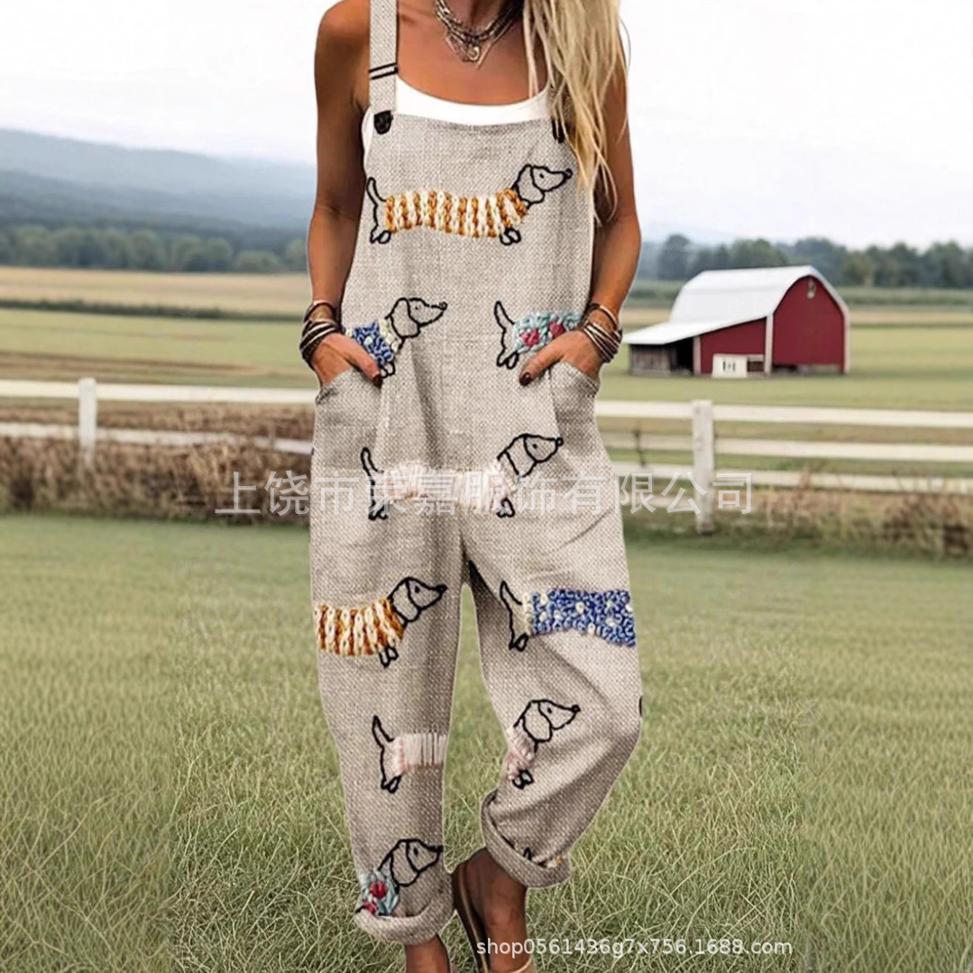 European and American Cross-Border 2025 Spring and Summer Casual Women's Suspender Pants Autum New Popular Printed Sleeveless Jumpsuit for Women