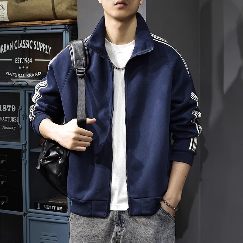 Spring and Autumn American Retro Stand Collar Cardigan Sweater Men's 2025 New Zipper Jacket Striped Sports Casual Jacket Trendy Spring and Autumn American Retro Stand Collar Cardigan Sweater Men's 2025 New Zipper Jacket Striped Sports Casual Jacket Trendy