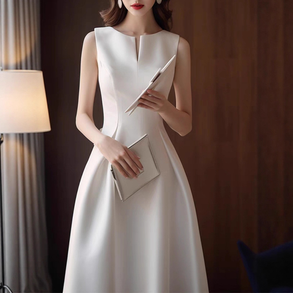 New Satin Evening Dress French Simple Sleeveless Waist Slimming Dress Elegant High-End Stage Host