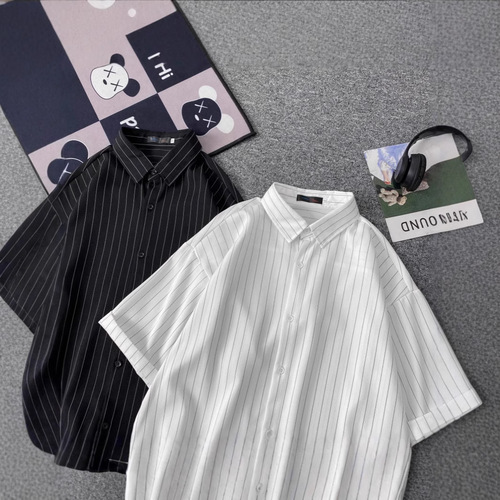 Striped Shirt for Men - Summer Hong Kong Style, Japanese Casual Loose Vertical Striped Collar Shirt, Korean Version Trendy Short Sleeve Shirt for Men