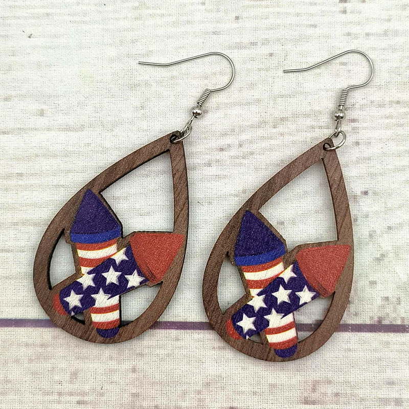 1 Pair Retro Simple Style National Flag Water Droplets Printing Wood Drop Earrings display picture 17
