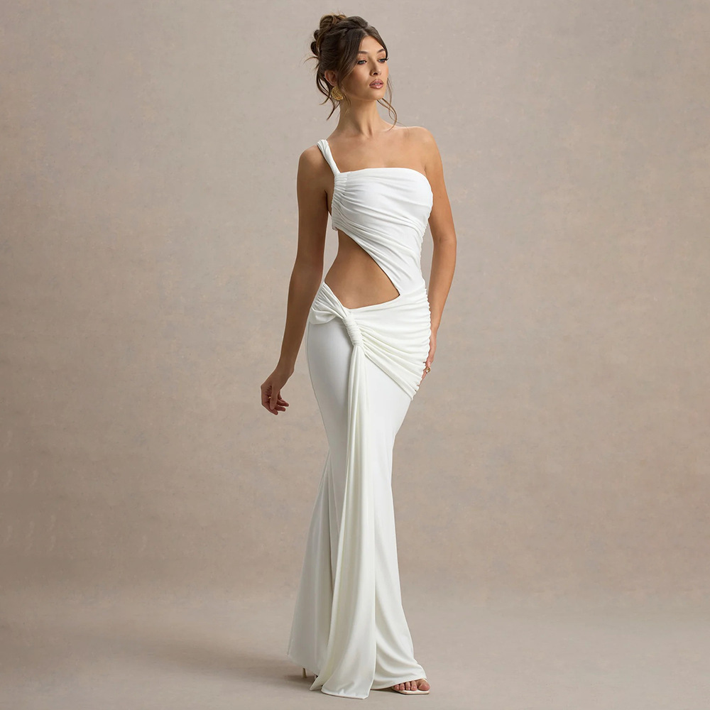 2025 europeo y americano verano transfronterizo sexy vestido de tubo halter de un solo hombro falda larga plisada con cordones de color sólido de moda image 7