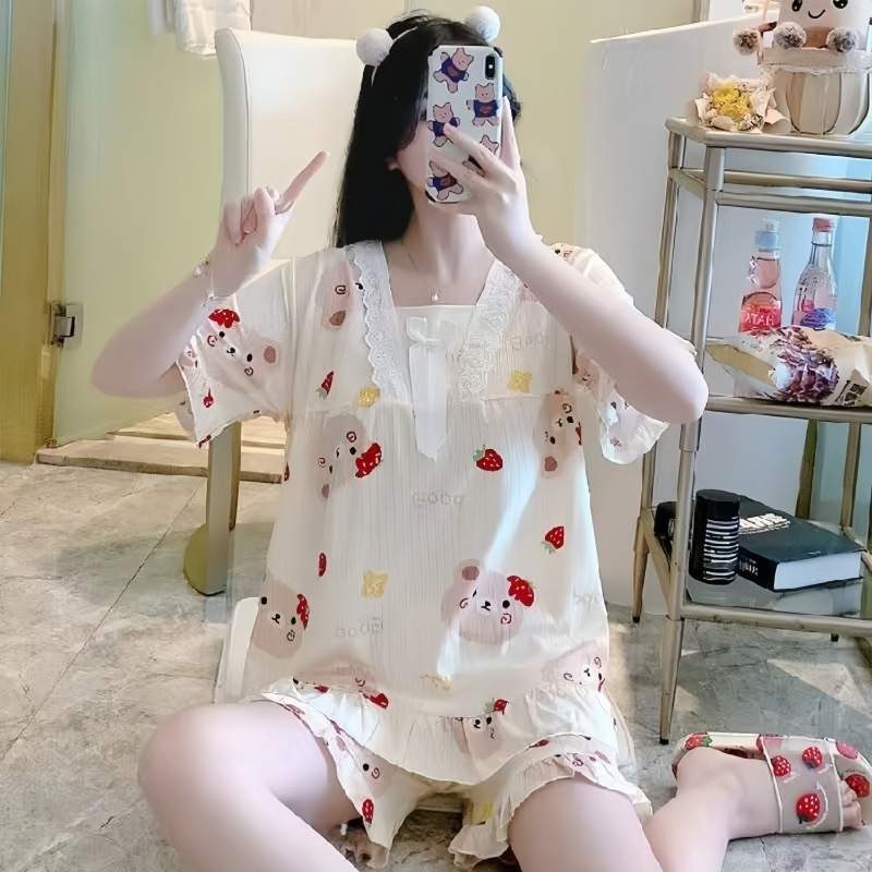 Pajamas for Women Summer Thin Short-Sleeved Suit Cute Cartoon Sweet Print Girl Princess Style Can Be Worn Outside