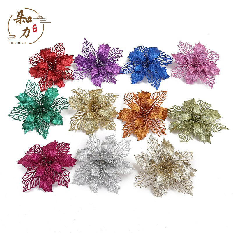 Christmas decoration 16cm glitter hollow Christmas flower simulation glitter powder Christmas flower ornaments shooting props