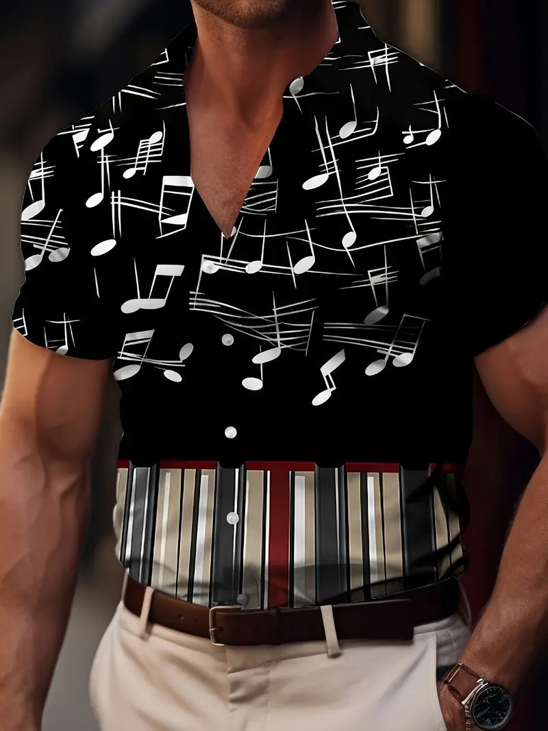 Camisa de manga corta con estampado de nota ancha popular retro de marca de moda europea y americana de verano 2024 para hombres MB1