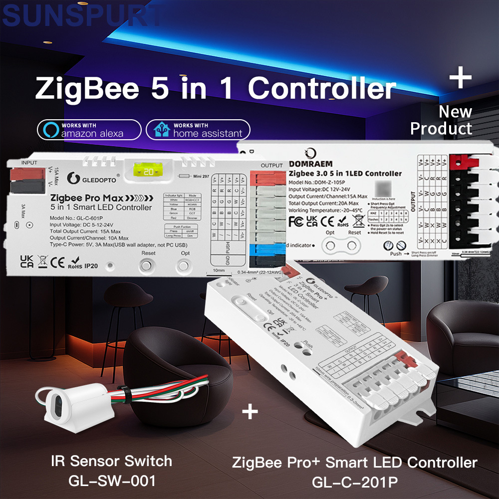 五合一灯条控制器RGB RGBWCCT两三线单色2.4G灯带调光器ZIGBEE3.0