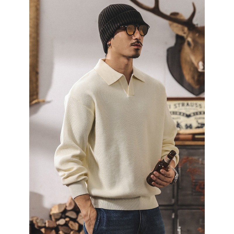 American Retro Seagull Collar Sweater Men's Autumn and Winter Loose Trendy Brand Simple Polo Collar Casual Knitwear Men's Autumn