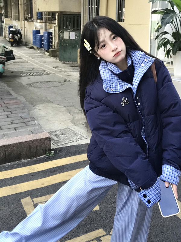 2025冬季新款设计感双层领假两件棉服女百搭拼接学生宽松保暖外套|undefined