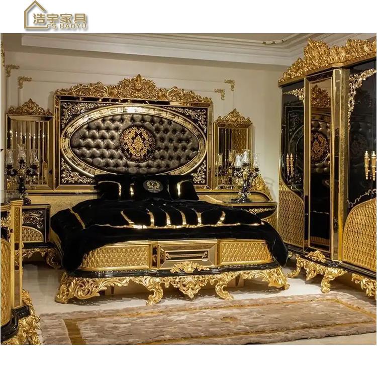 土耳其中东奢华仿古皇家手工雕刻卧室家具套装五件套黑金非洲裔美