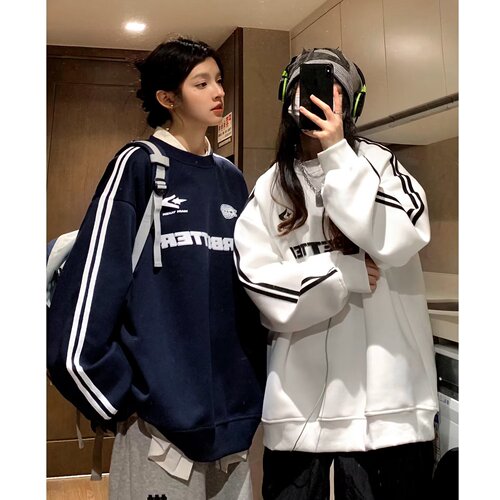 Heavyweight crew neck hoodie men's high street loose striped top motorcycle trend brand ins casual cool jacket