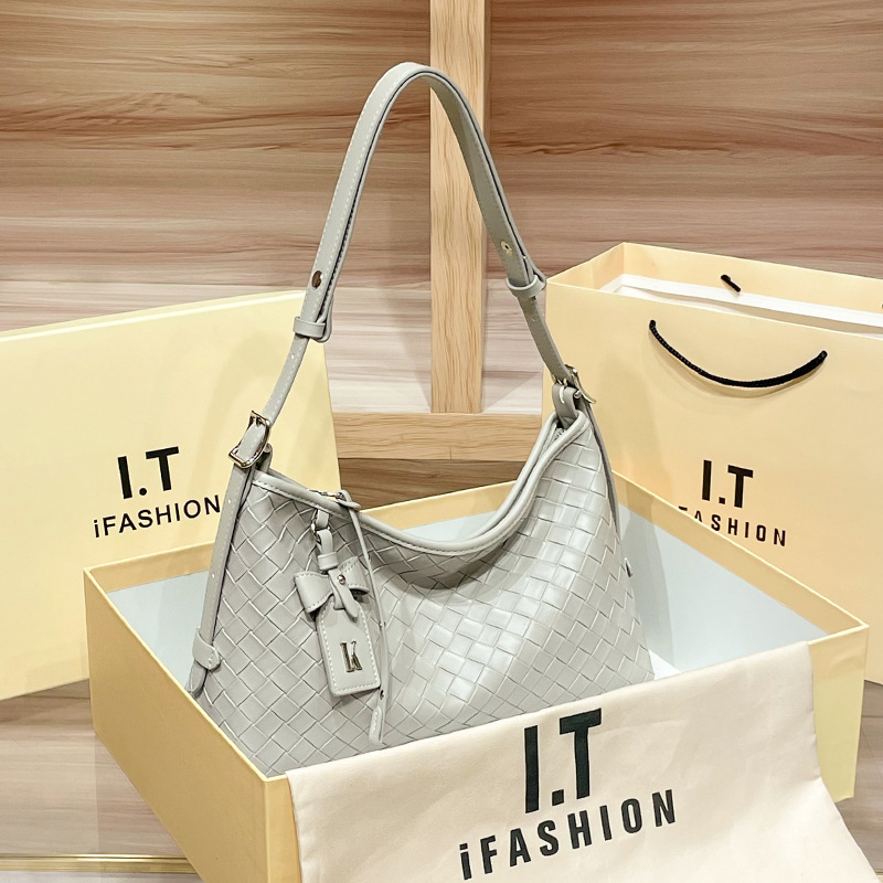 Túi tote nữ dệt vân cỡ lớn đi làm đeo vai — màu trắng ngà, màu đen, màu xám