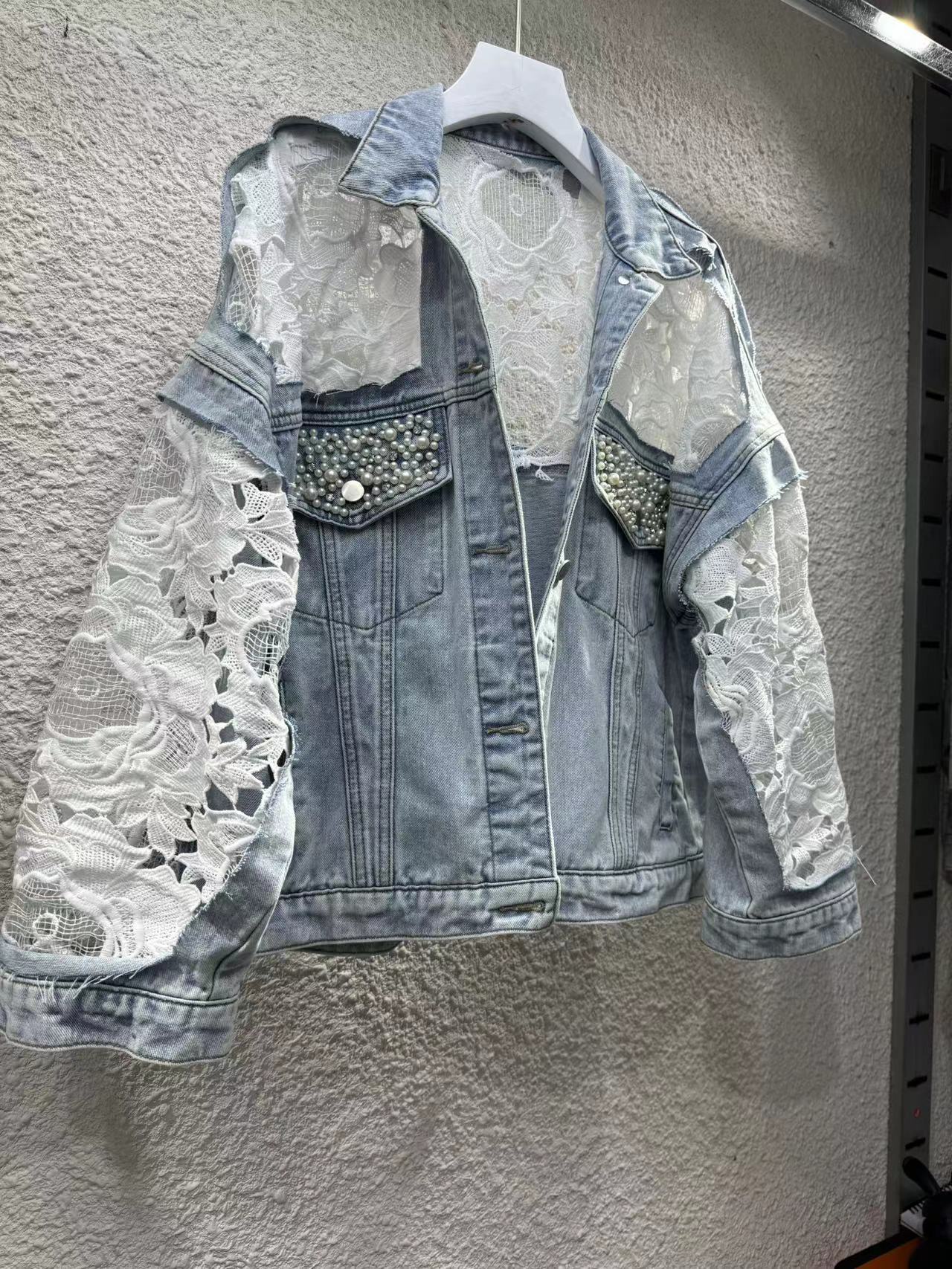 Sheer Embroidered Denim Jacket – Oversized Cropped Style With Lace Trim & UV Protection (S-XL, Light Wash, Casual-Chic Layering Essential)_mkmklike.com