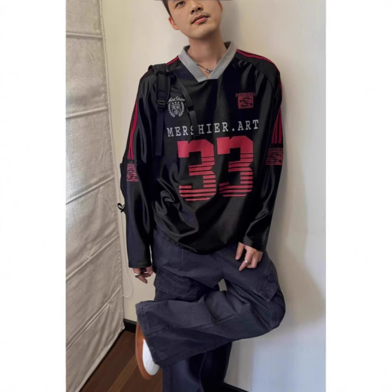 American-style Satin Round Neck Sweatshirt Women's Autumn Digital Printed Side Stripe Sports Style Loose Fried Street Ball Clothes for Couple