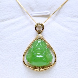 Fubei Diamond Jewelry [18K Gold Inlaid with Hetian Jasper Apple Green Buddha Pendant] Bare Stone Size Is about 16mm