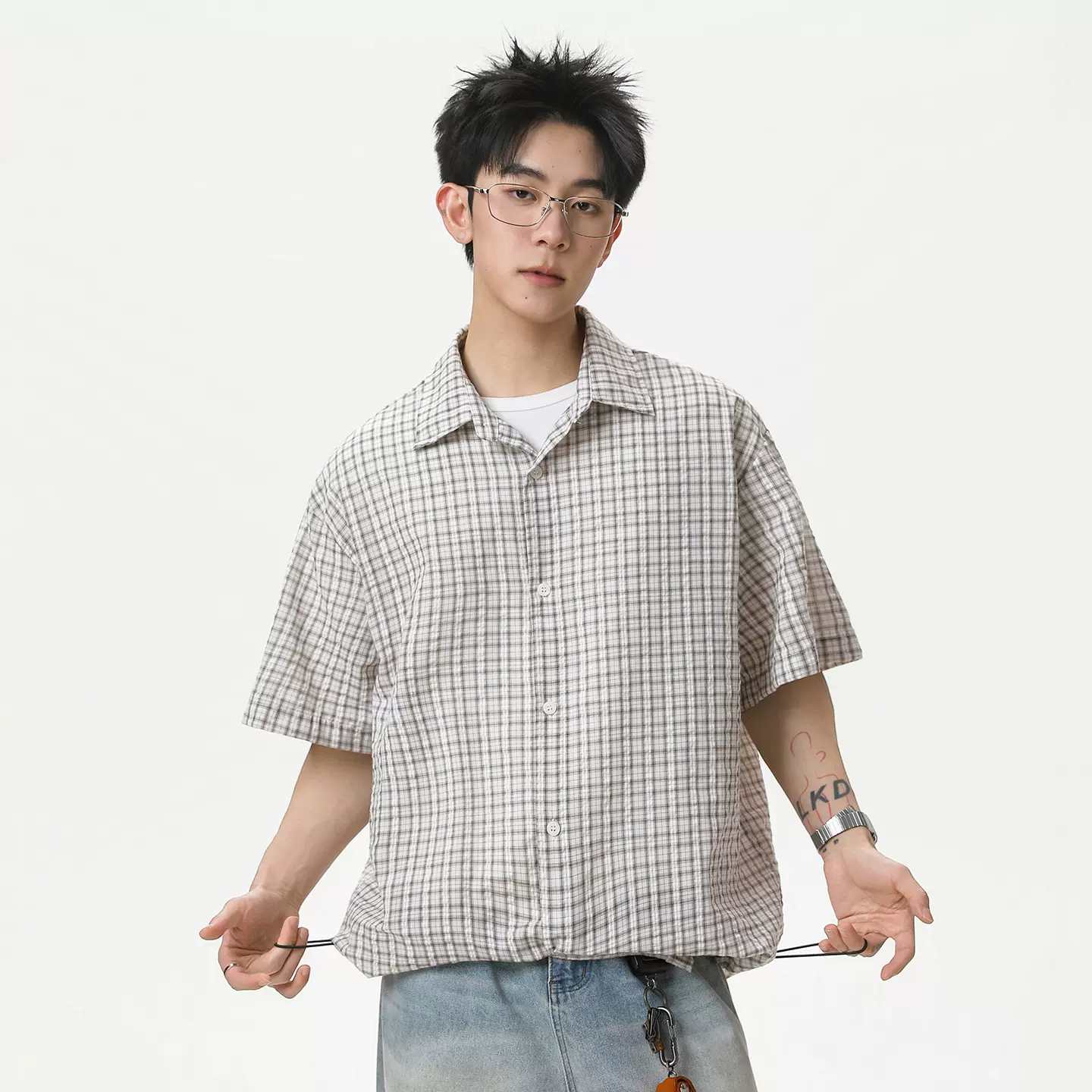 撞色格子boxy短袖衬衫男夏季新款下摆可调宽松休闲小格纹衬衣外套