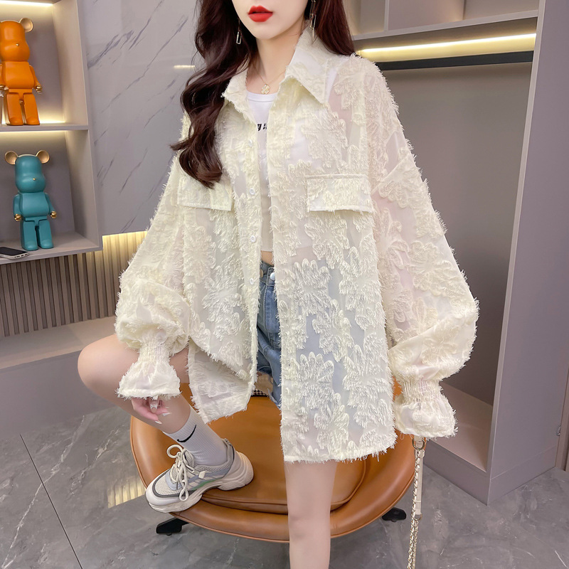 Plus tamaño gordito chica suelta casual todo-partido mediados de-longitud de verano diseño camisa delgada capa de protección solar hueca