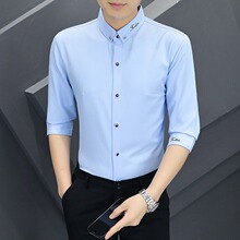 夏季男士黑色中袖衬衫修身韩版弹力七分袖衬衣男薄款休闲冰丝衬衫