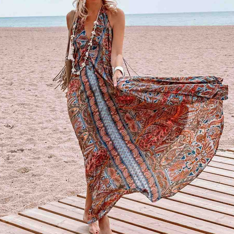 Women's Regular Dress Vintage Style Bohemian Halter Neck Printing Sleeveless Printing Maxi Long Dress Holiday Travel display picture 1