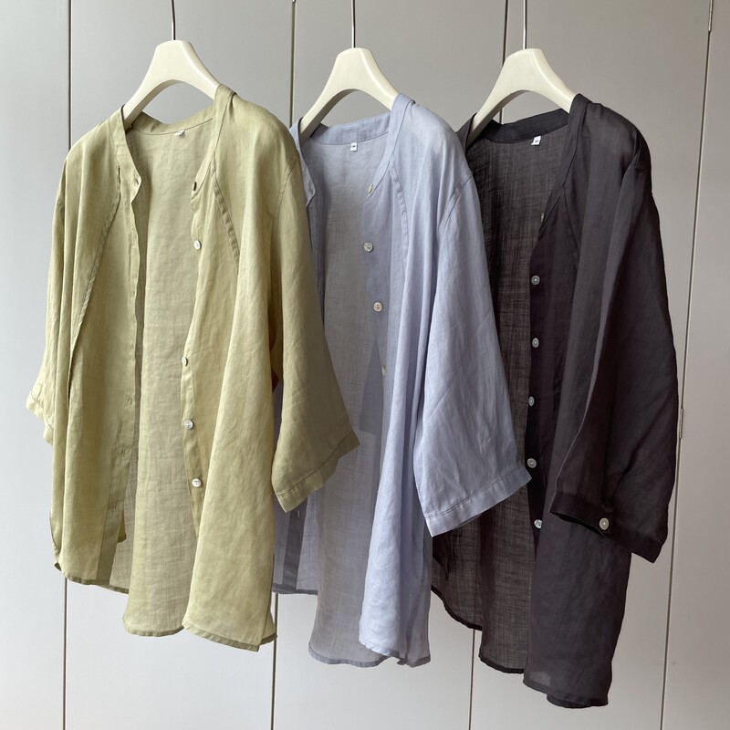Willow green, gray blue cutting patchwork! 42 100 Ramie Round Neck Ma Shi Buckle Loose Seven-point Sleeve Shirt for Women