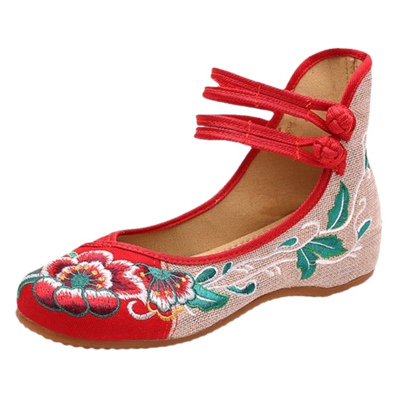 Single-layer shoes ethnic style vintage embroidered cloth shoes spring and autumn linen round head women's single-layer shoes mother shoes wedding shoes