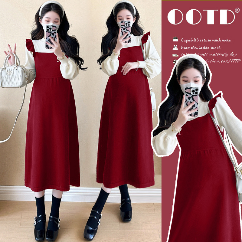 2026 Winter New Product Fake Two-Piece Flutter Sleeve Maternity Slimming Knitted Sweater Dress 2026 Winter New Product Fake Two-Piece Flutter Sleeve Maternity Slimming Knitted Sweater Dress