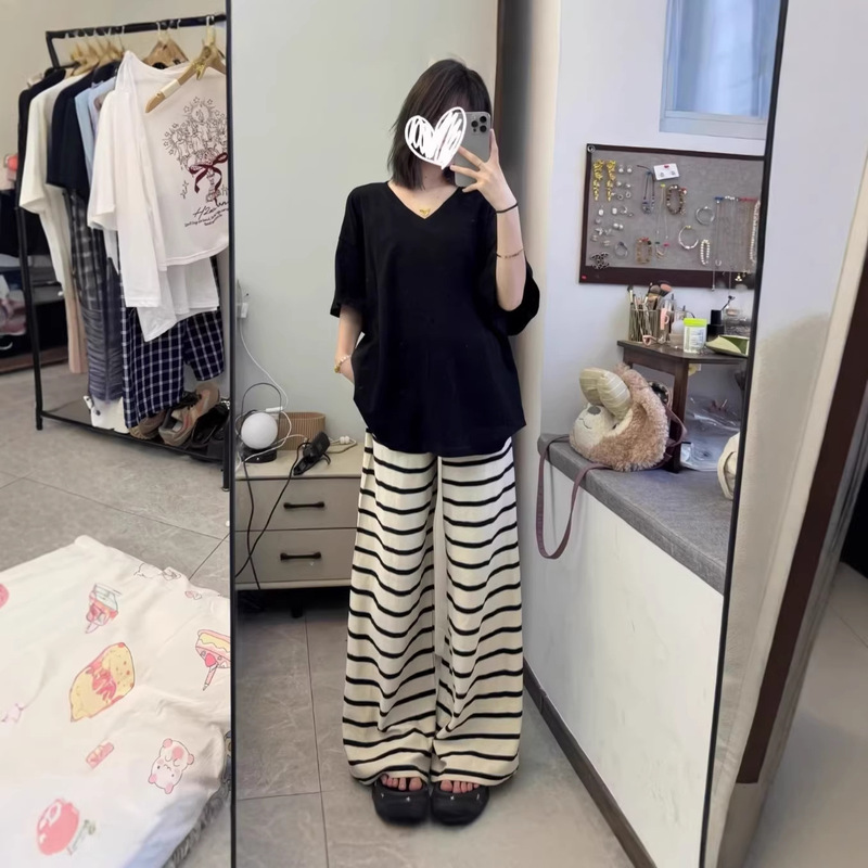 Korean-Style Striped Casual Pants for Women, Maternity Short-Sleeve Summer 2026 Loose Lazy Style Slimming Relaxed Floor-Length Set Korean-Style Striped Casual Pants for Women, Maternity Short-Sleeve Summer 2026 Loose Lazy Style Slimming Relaxed Floor-Length Set