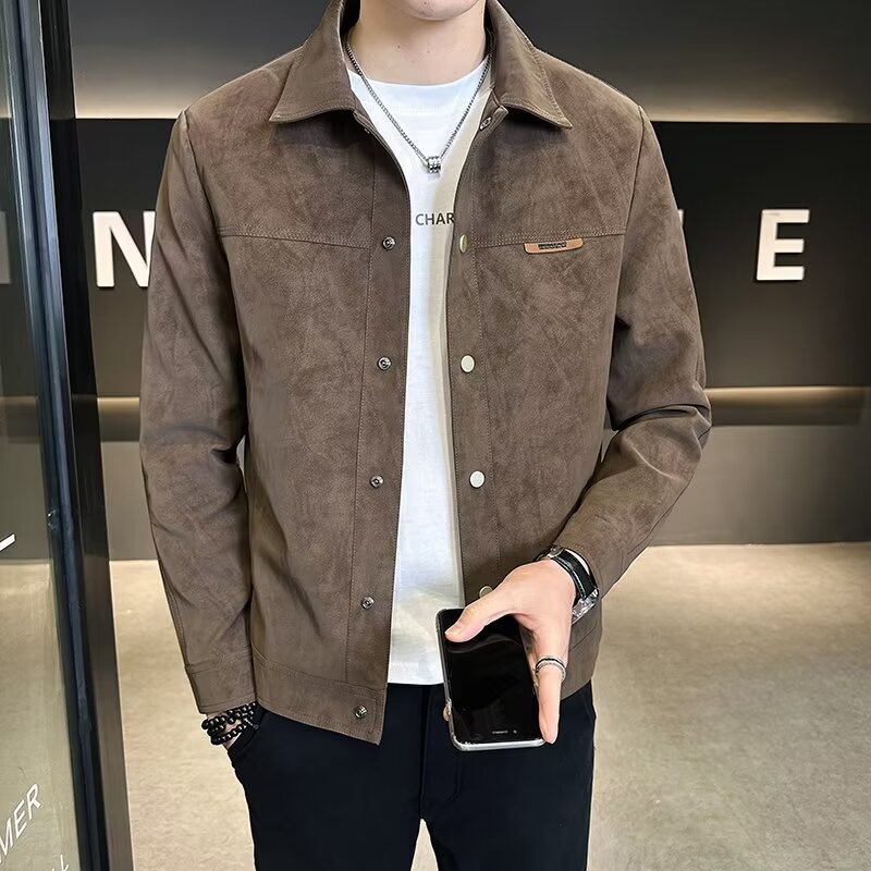 Spring and Autumn New Suede Jacket Men's Korean-style Slim-fit Fashionable Short Workwear Jacket Lapel Youth Top