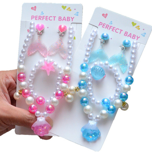Children's fish tail necklace and bracelet set, pearl necklace, cartoon pearl shell
