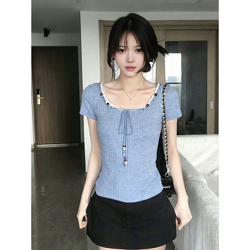 2026 New Style T-Shirt for Women with Lace Trim, Beaded Drawstring, Slim Fit, Trendy Design, Short-Sleeve Top 2026 New Style T-Shirt for Women with Lace Trim, Beaded Drawstring, Slim Fit, Trendy Design, Short-Sleeve Top