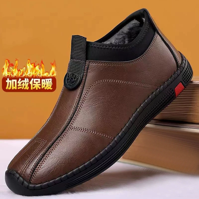 Кожаные туфли, хлопчатобумажные мужские повседневные кожаные туфли, зимние теплые мягкие кожаные туфли на флисовой подкладке, удобные без шнуровки, повседневные винтажные туфли с низким верхом
