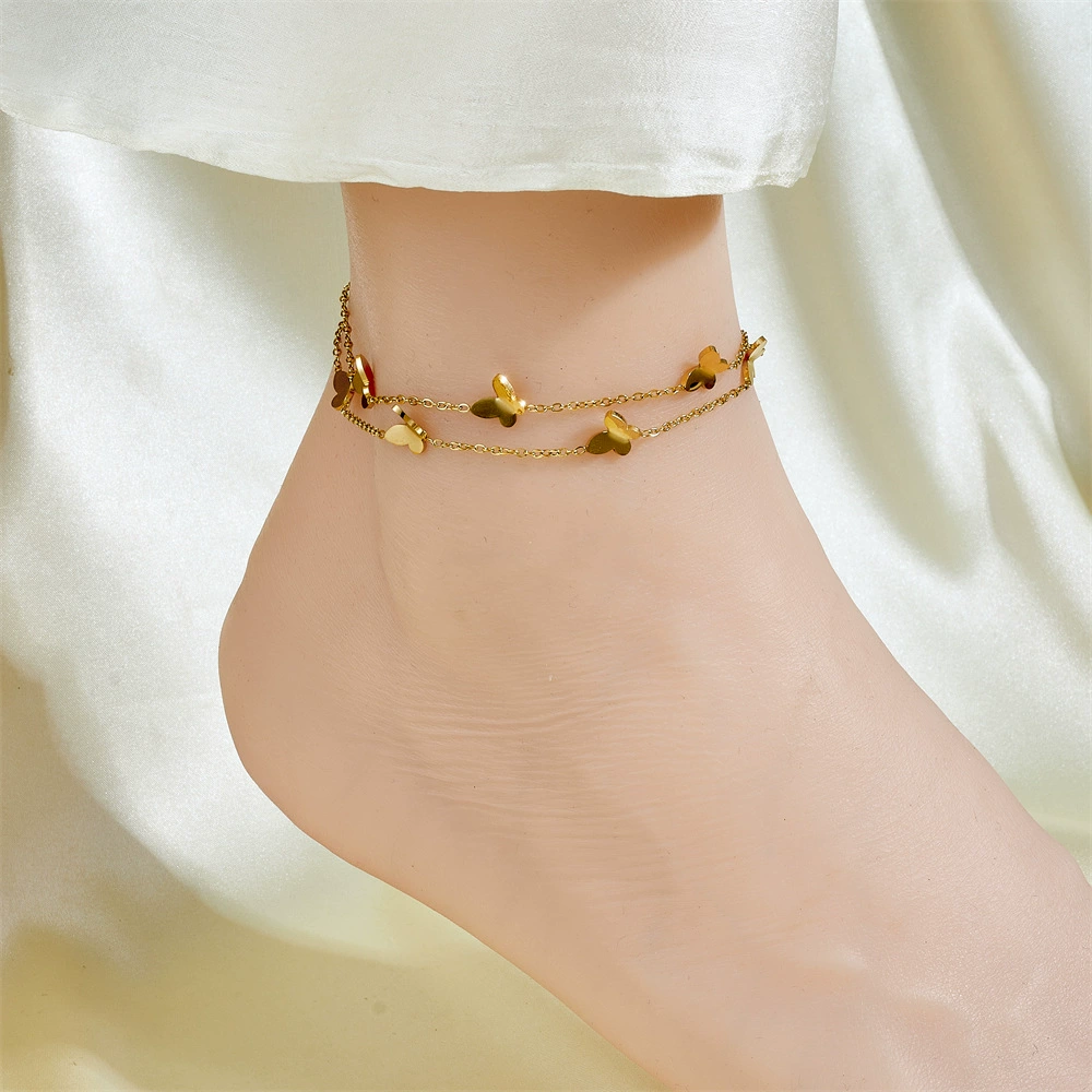 Ankle bracelet, chain, golden fashionable sexy accessory stainless steel, simple and elegant design, light luxury style, internet celebrity, 750 sample gold