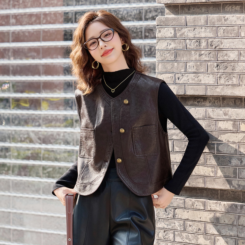 Women's Short Leather Vest 2025 Autumn New Korean Style Biker Sleeveless Vest Jacket Top Trendy