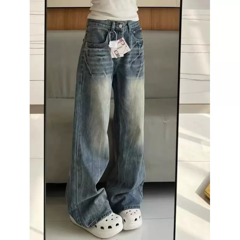 美式复古水洗闪电蓝裂纹阔腿牛仔裤女高腰宽松大码垂感拖地长裤子