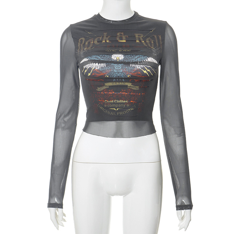 D23TP401 ropa de mujer transfronteriza europea y americana invierno nueva malla sexy impresa cuello redondo manga larga slim fit ombligo top image 6