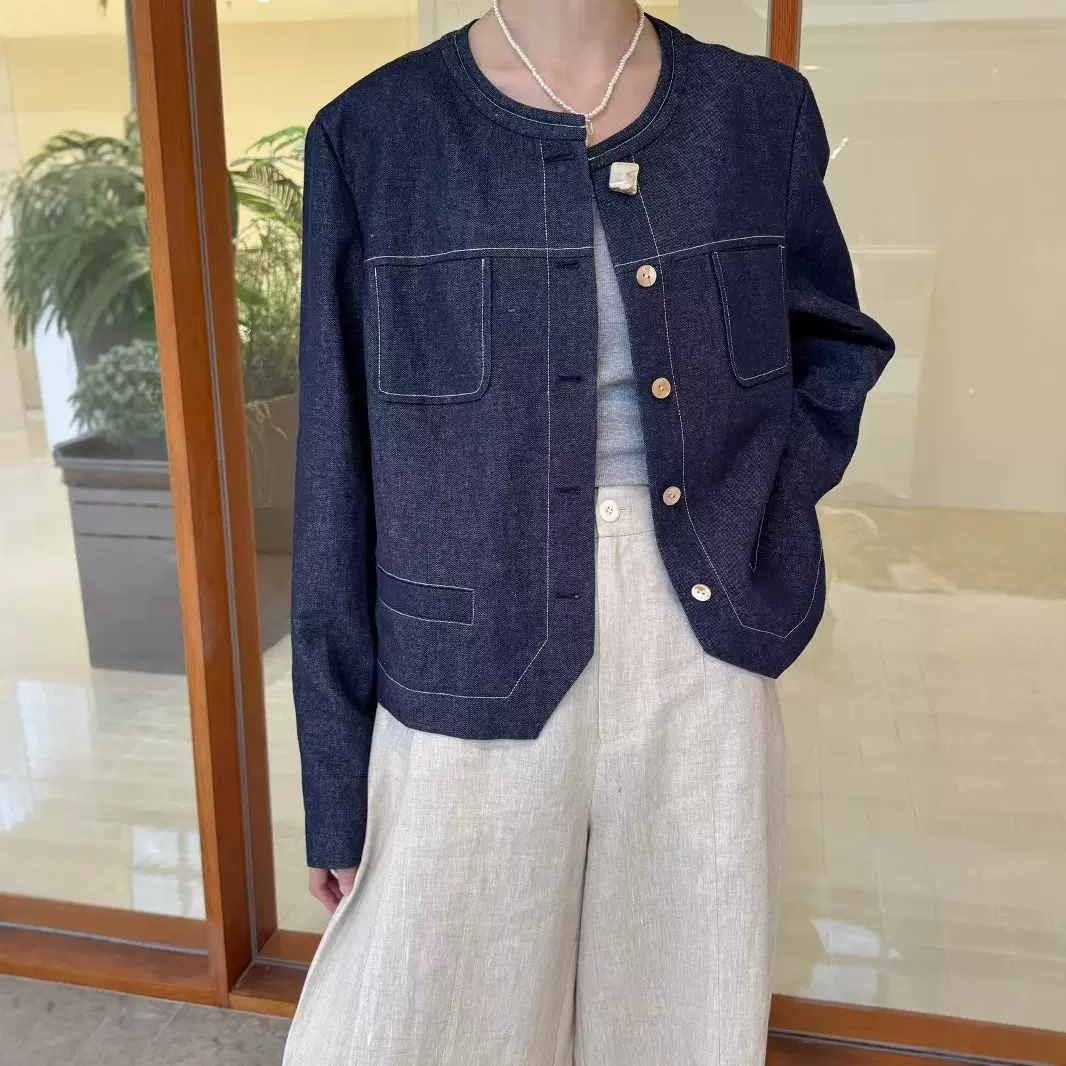 春夏汉麻棉仿牛仔外套女2025新品贝壳扣小香风上衣法式气质短款