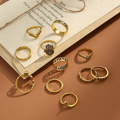 European and American cross-border ins style retro metal personalized female palm snake geometric pattern 9-piece set ring wholesale