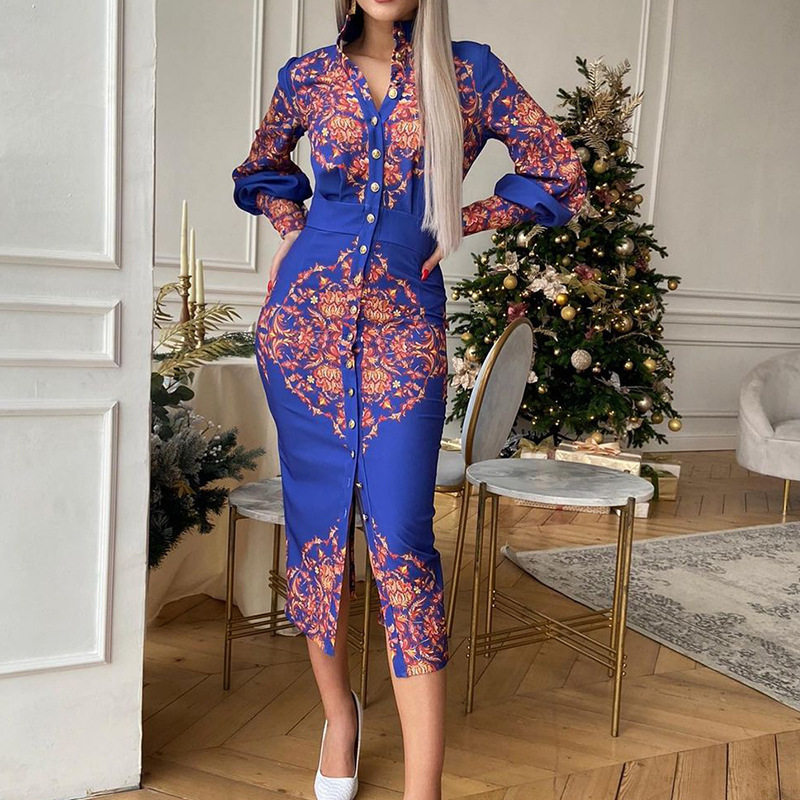 Women's Printed Stand Collar Dress With Long Sleeves For Women_voghion.com
