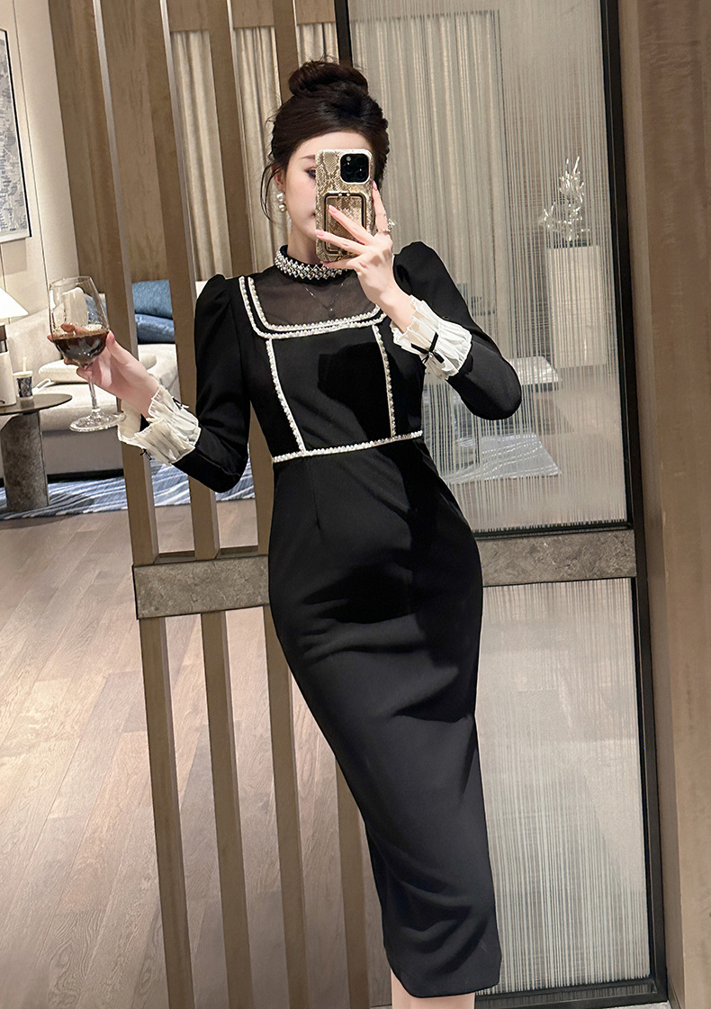 Đầm maxi nữ thắt eo kiểu Hepburn cổ tròn đính hạt — Màu đen chi tiết 8