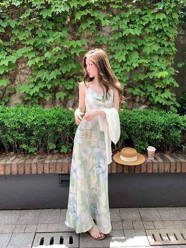 Acetate Satin Slip Dress for Women, Summer Style, Gentle and Elegant, Oil Painting Long Dress, French-Style Waist-Cinching Floral Dress