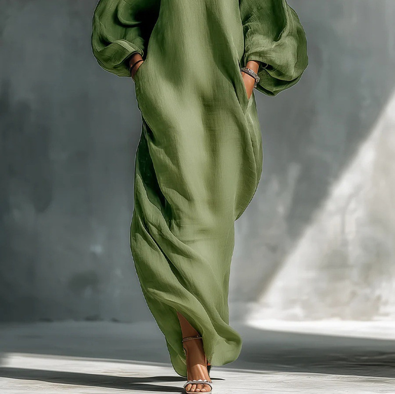2026 Cross-Border European and American Spring/Summer New Women's Vacation Cotton-Linen Casual Style Long-Sleeve Off-Shoulder Loose Long Dress Wholesale