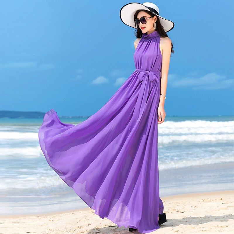 Extra-Long Ankle-Length Dress 2026 New Style Bohemian Solid Color Chiffon Plus Size Dress Vacation Beach Dress Super Fairy-Like
