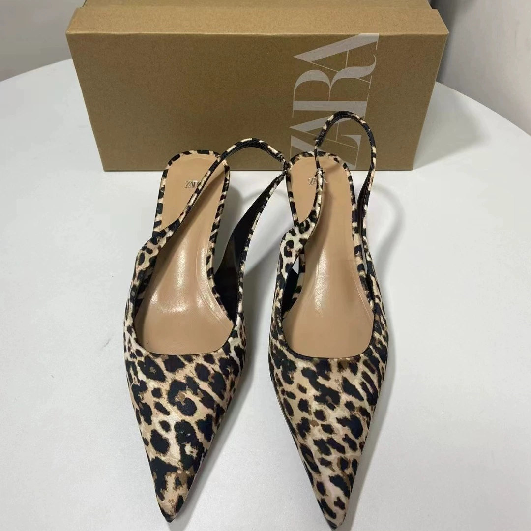 ZA2024 Летние леопардовые Slingback туфли на шпильке — заостренный носок, невысокий каблук, женская обувь
