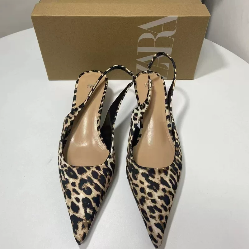 ZA2024 Летние леопардовые Slingback туфли на шпильке — заостренный носок, невысокий каблук, женская обувь
